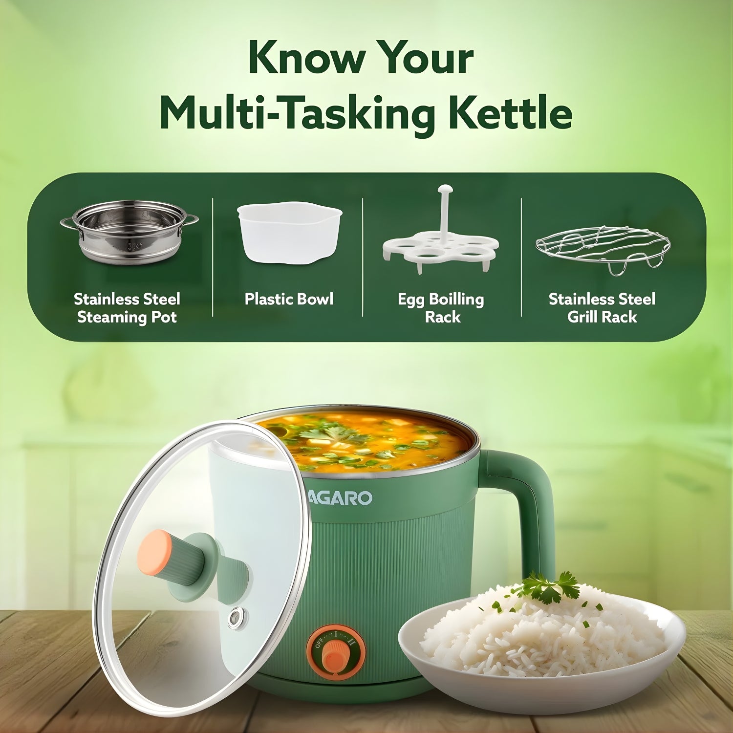 AGARO 33874 Regency 600 W Multi Cook Kettle 1.2 L – Sea Green_5