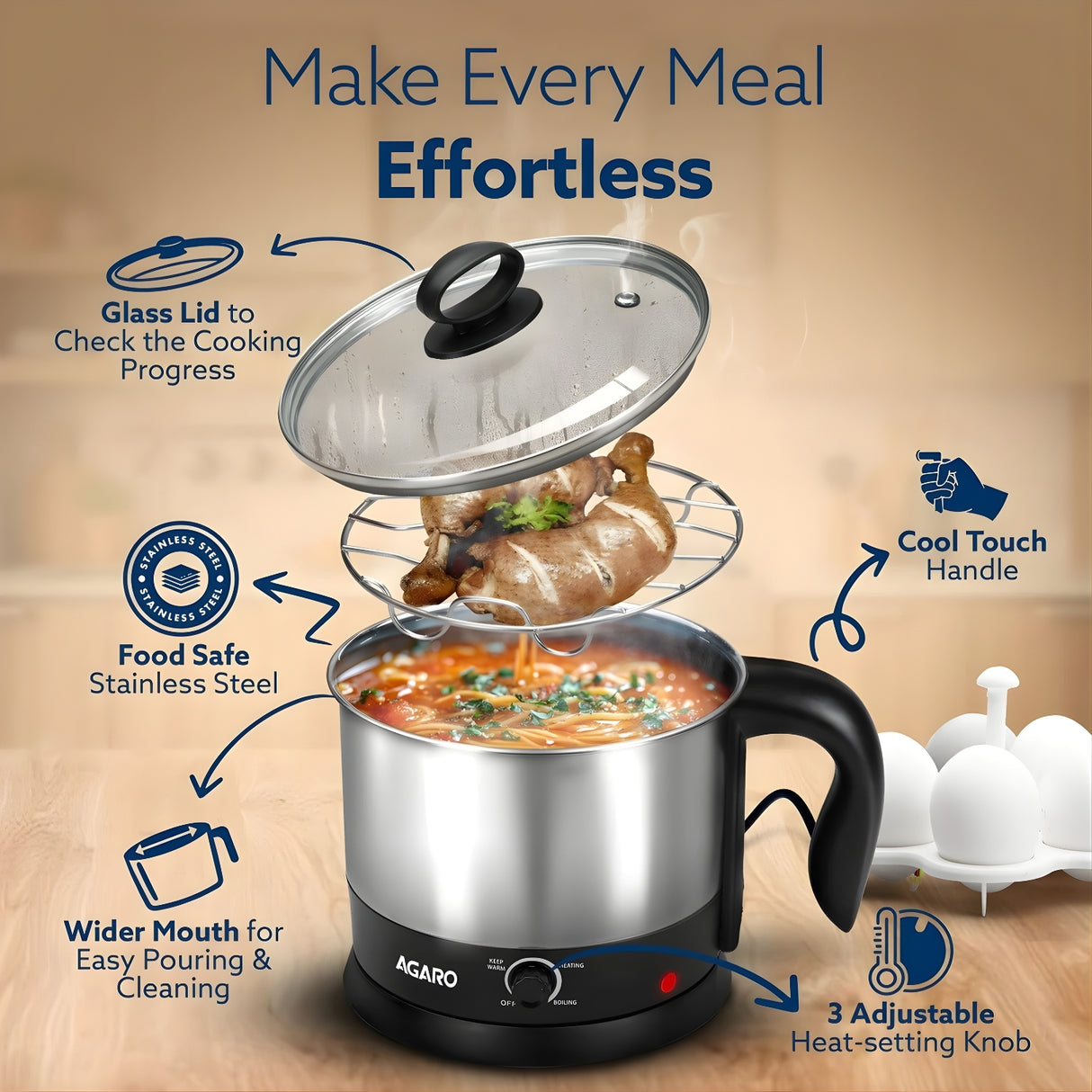 AGARO Esteem 33333 Multi-Use Stainless Steel 600 W Electric Kettle 1.2 L – Silver_4