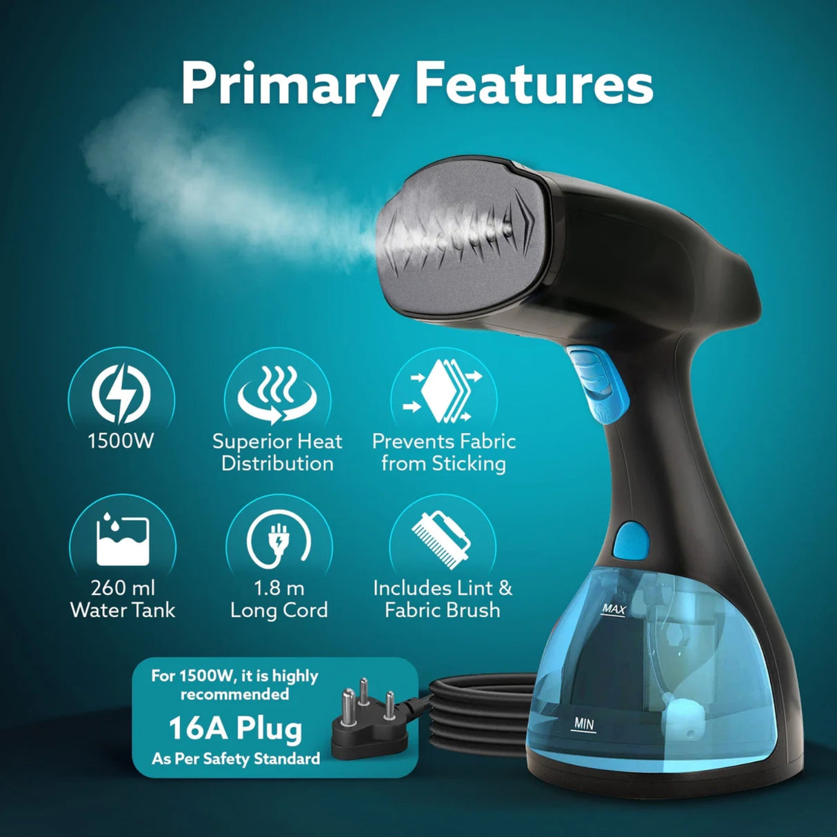 Agaro Garment Steamer 1500 Watts - Black and Blue_3