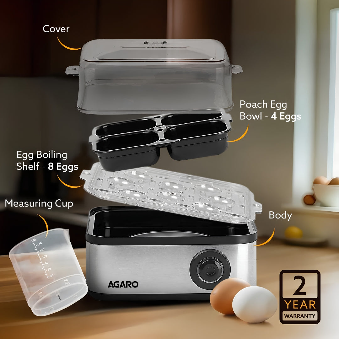 Agaro Grand Egg Poacher with 3 Modes 8 Eggs - Black and Silver_Front View_6
