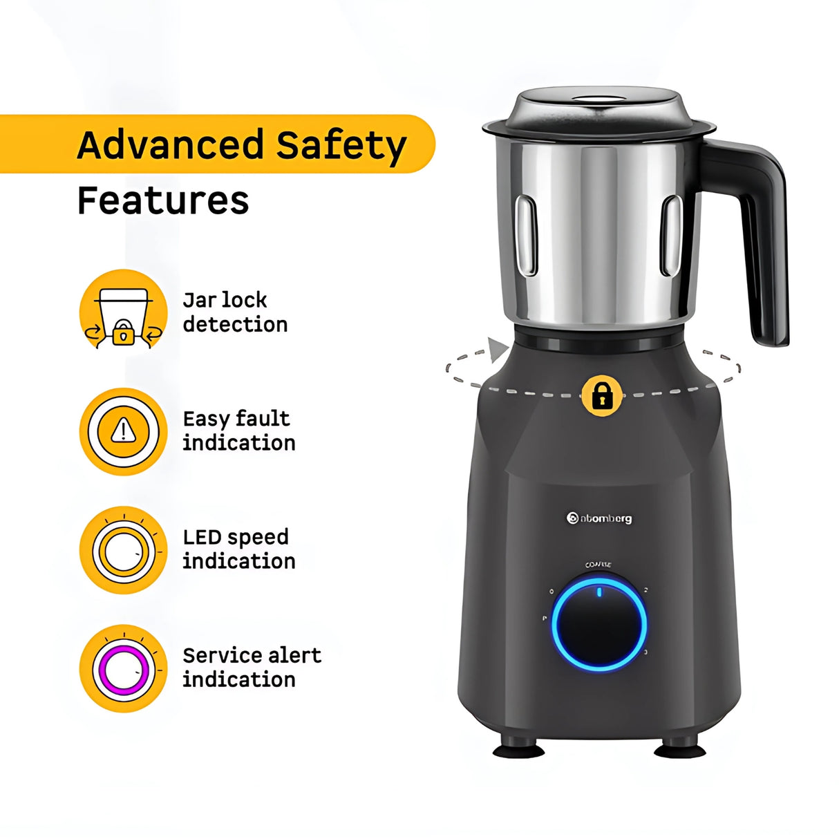 Atomberg Yulia Mixer Grinder (Pebble Grey) – 485W BLDC Motor, 3 Stainless Steel Jars, Smart Display & Energy Efficient