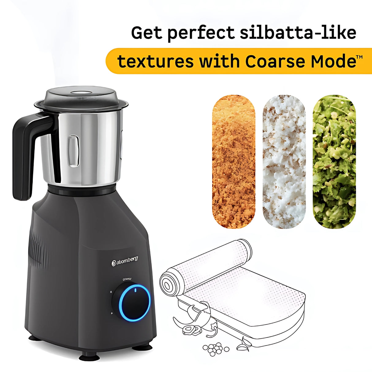 Atomberg Yulia Mixer Grinder (Pebble Grey) – 485W BLDC Motor, 3 Stainless Steel Jars, Smart Display & Energy Efficient