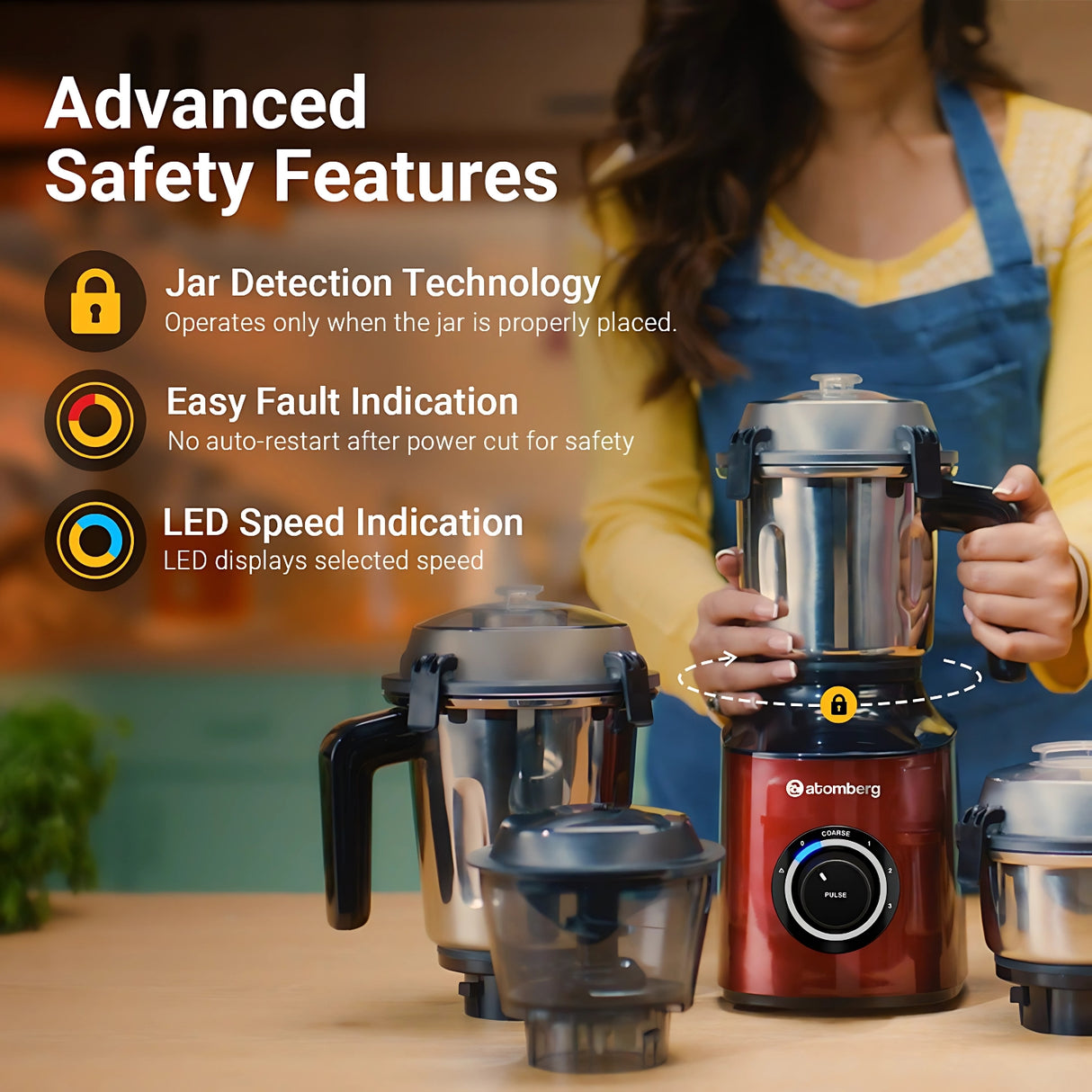 Atomberg Zenova 550 W 3 Jars BLDC Mixer Grinder – Red Wine