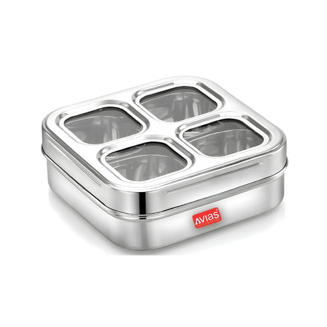 Avias Stainless Steel Square Spice Box with 4 Containers and Acrylic Lid_Front View