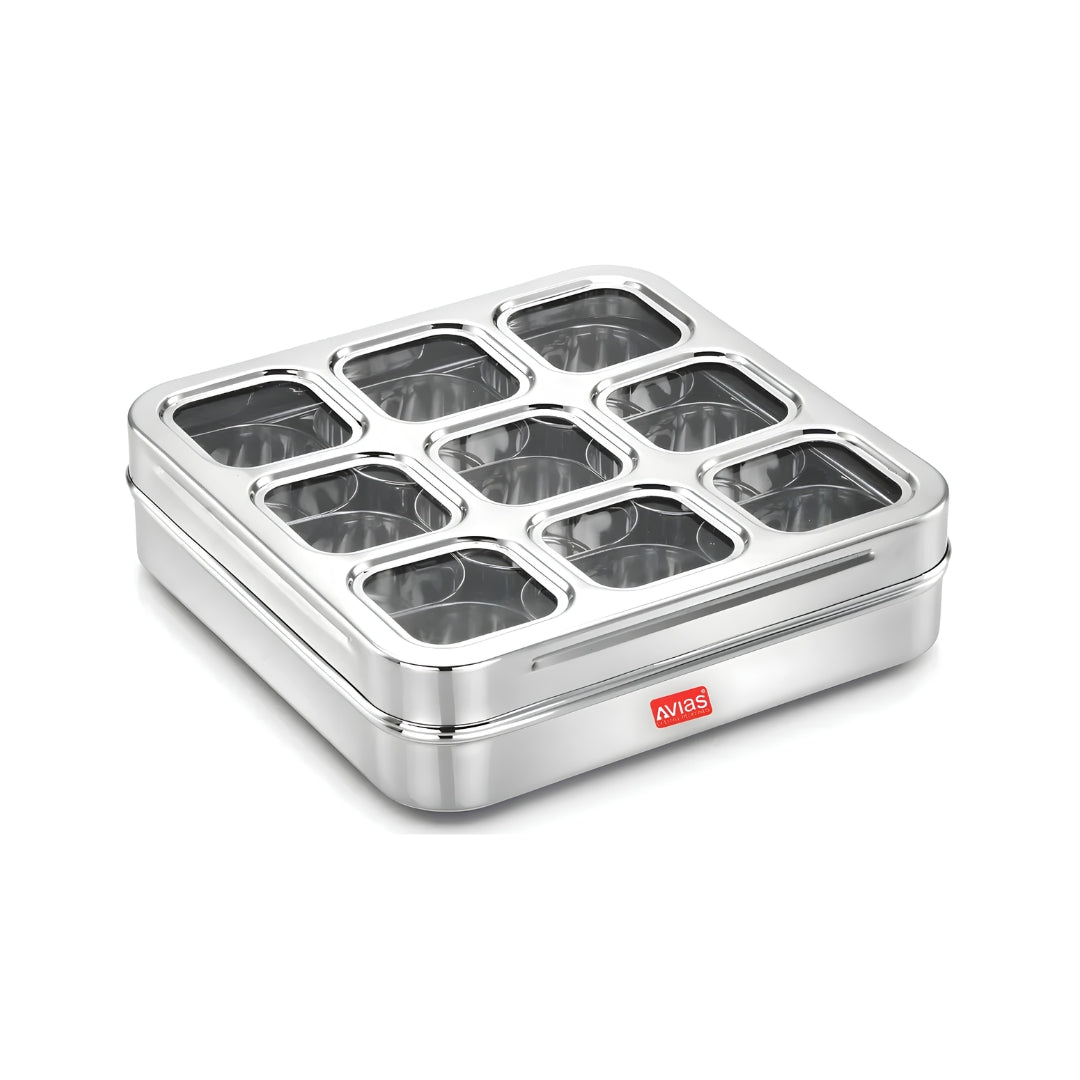 Avias Stainless Steel Square Spice Box with 9 Containers and Acrylic Lid - Large_Front View