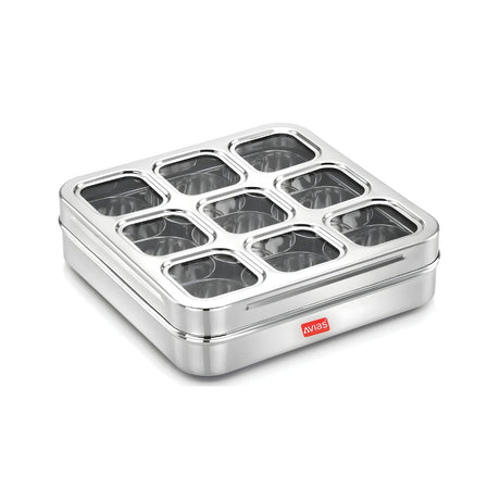 Avias Stainless Steel Square Spice Box with 9 Containers and Acrylic Lid - Large_Front View