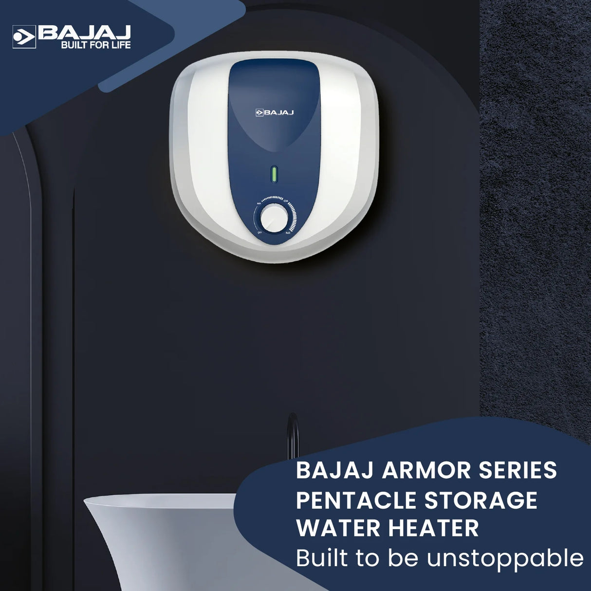Bajaj Armor Series Pentacle Water Heater 10 L - White with Dark Blue