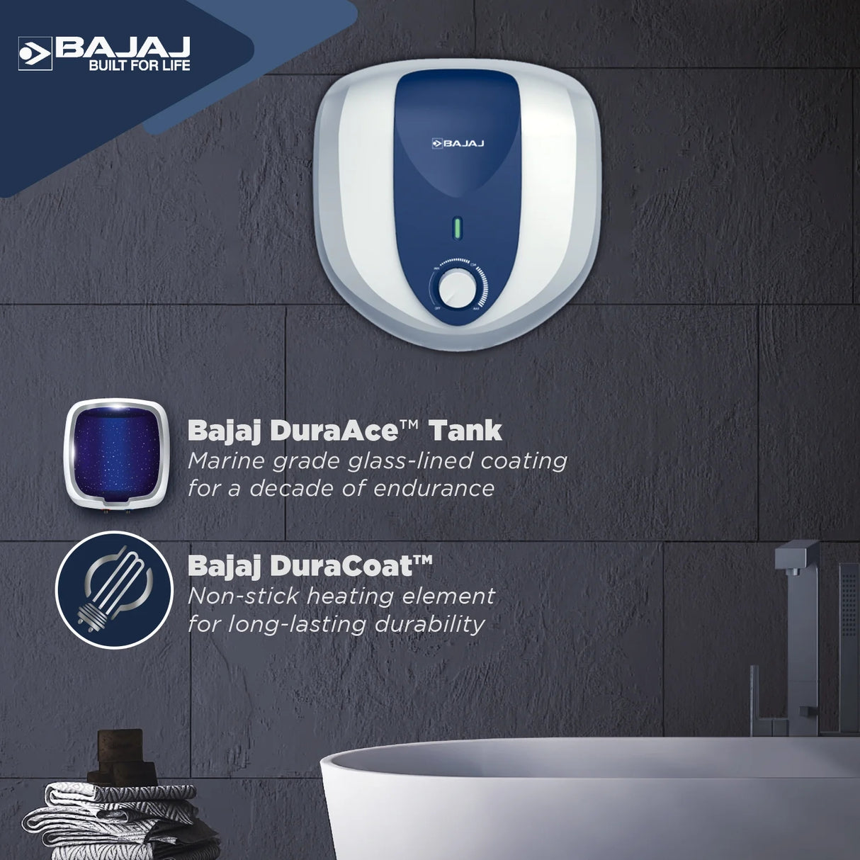 Bajaj Armor Series Pentacle Water Heater 10 L - White with Dark Blue