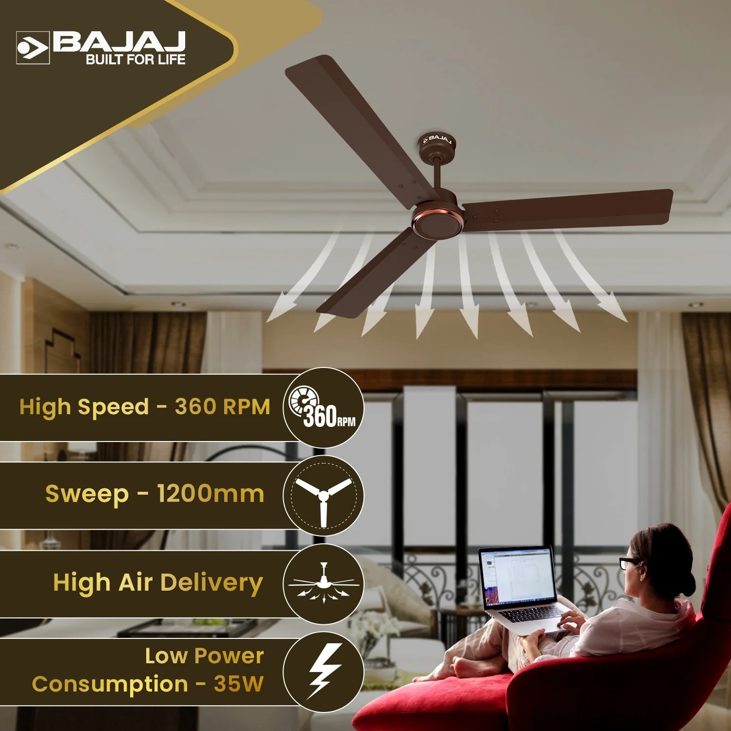 Bajaj Classico Ceiling Fan Sleek 1200 mm - Red Walnut_5