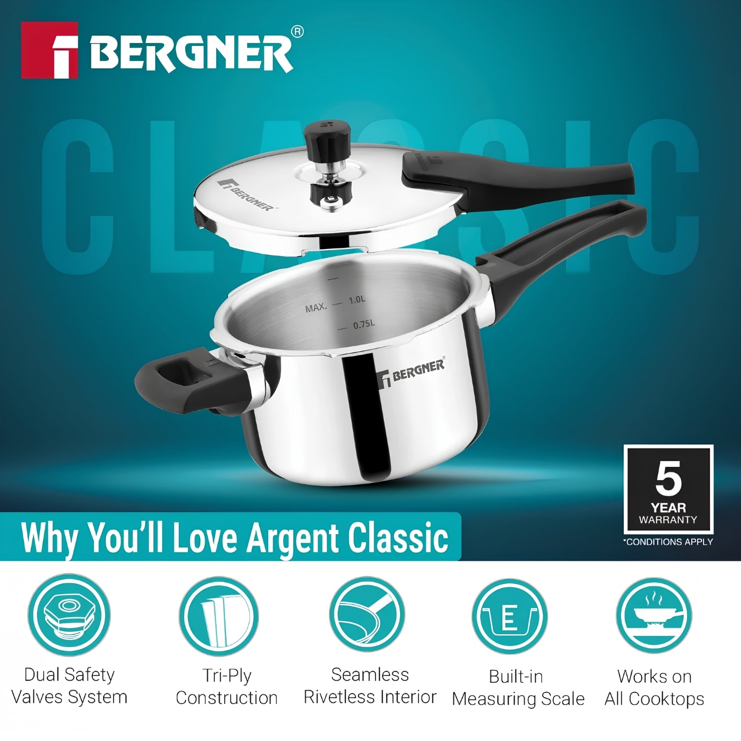 Bergner Argent Classic Triply Pressure Cooker 1.5 L_7