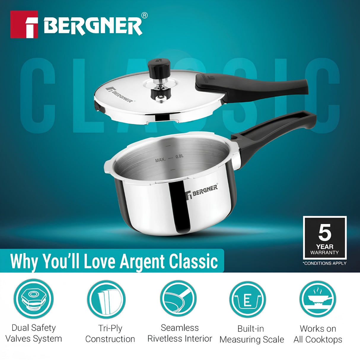 Bergner Argent Classic Triply Pressure Cooker 1 L_3