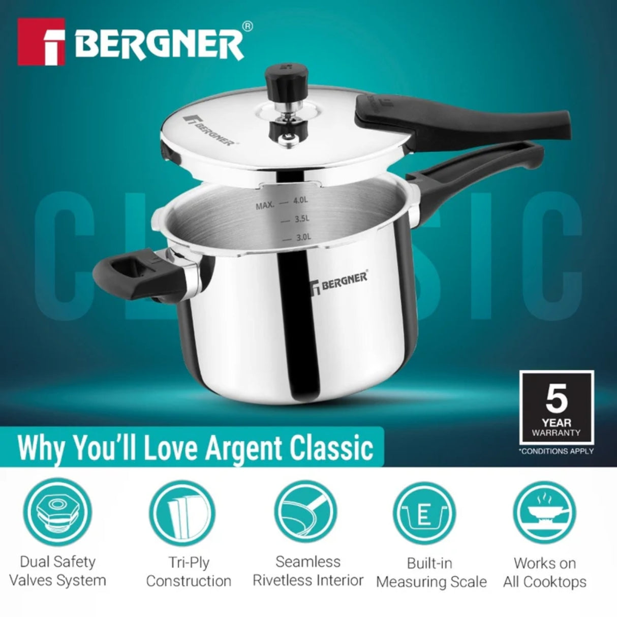Bergner Argent Classic Triply Pressure Cooker 5.5 L_4