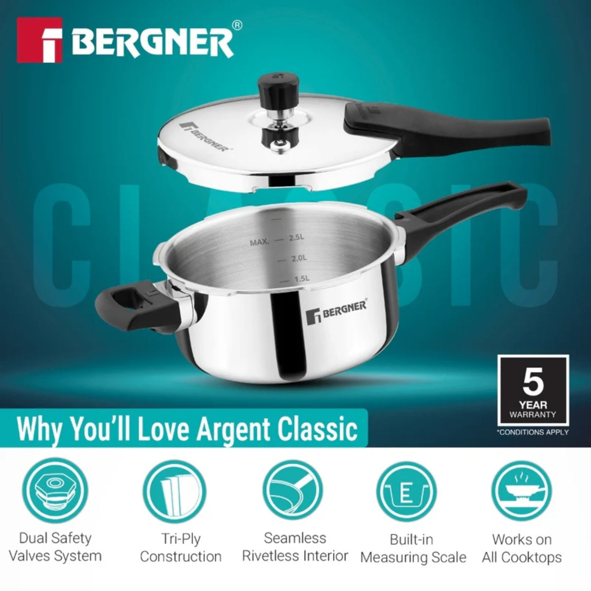 Bergner Argent Classic Triply Pressure Pan Cooker 3.5 L_4