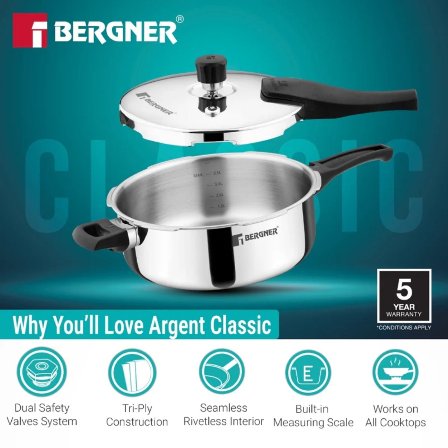 Bergner Argent Classic Triply Pressure Pan Cooker 5 L_4