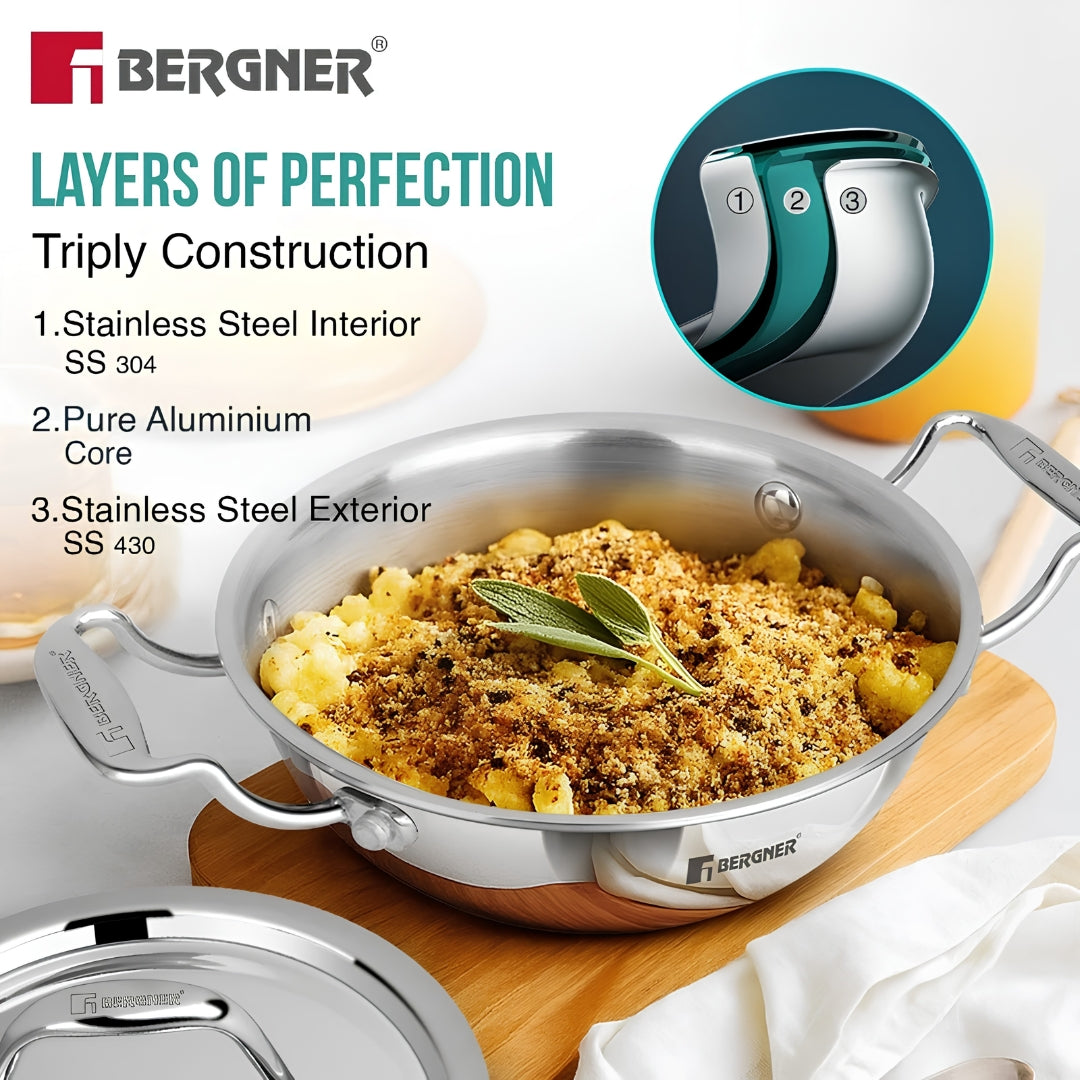 Bergner Argent Junior Chef Triply Stainless Steel Kadai with Lid 16 cm _ 1.1 L _Features2
