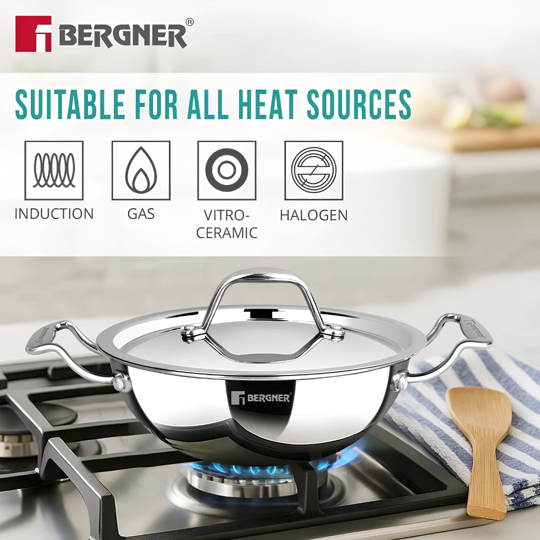 Bergner Argent Junior Chef Triply Stainless Steel Kadai with Lid 16 cm _ 1.1 L _Features4