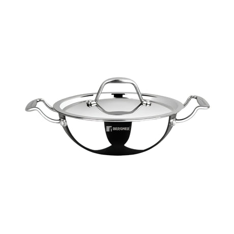 Bergner Argent Junior Chef Triply Stainless Steel Kadai with Lid 16 cm _ 1.1 L _Front View