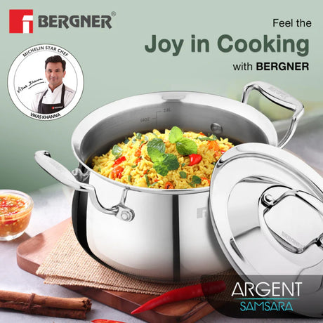 Bergner Argent Samsara Triply Stainless Steel Biryani Handi with Lid 22 cm \ 4.5 L_2