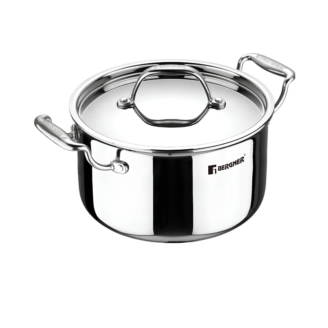 Bergner Argent Triply Stainless Steel Casserole with Lid 28 cm _ 8.3 L_Front View