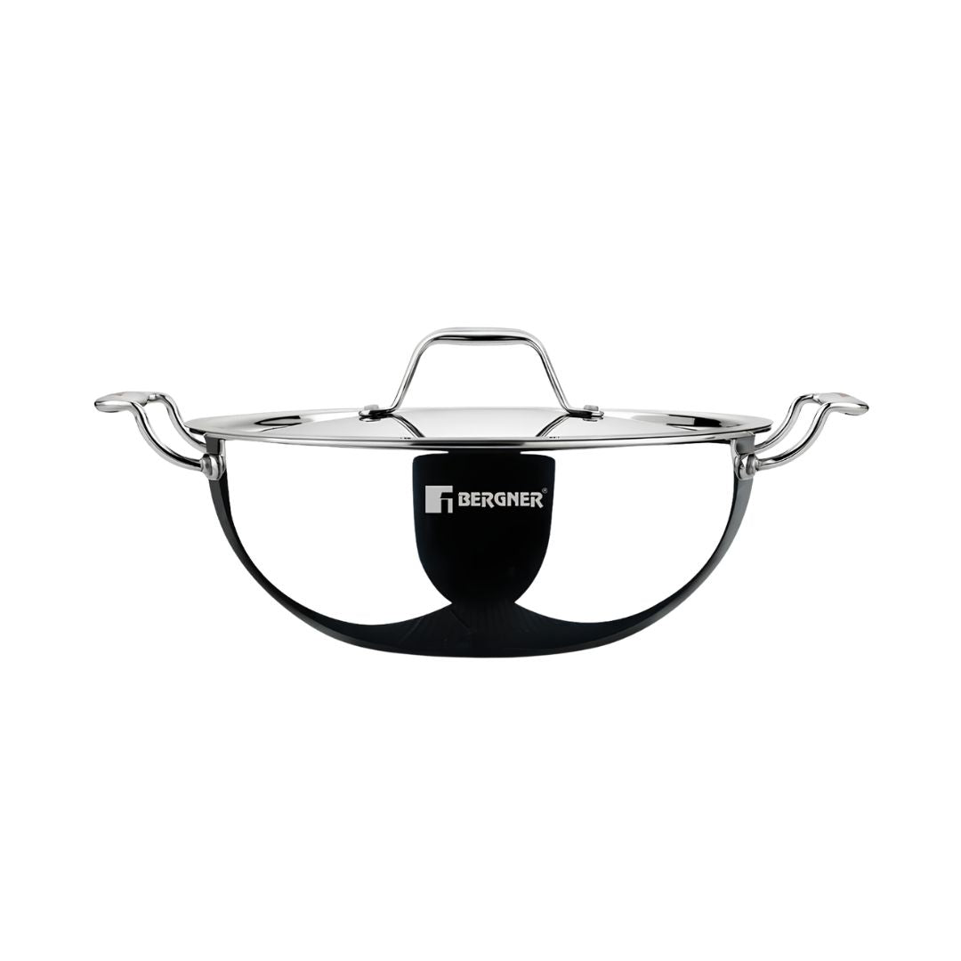 Bergner Argent Triply Stainless Steel Deep Kadai with Lid 20 cm \ 2.3 L_Front View