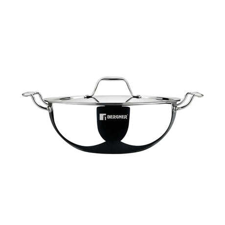 Bergner Argent Triply Stainless Steel Deep Kadai with Lid 20 cm \ 2.3 L_Front View