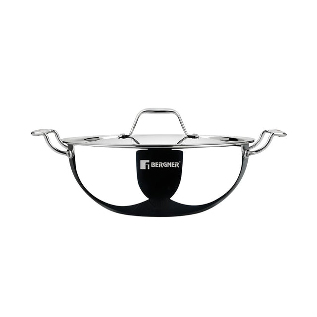 Bergner Argent Triply Stainless Steel Deep Kadai with Lid 20 cm \ 2.3 L_Front View