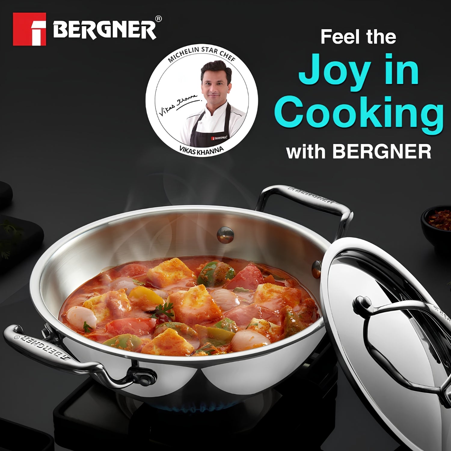 Bergner Argent Triply Stainless Steel Deep Kadai with Lid 22 cm \ 2.8 L_2