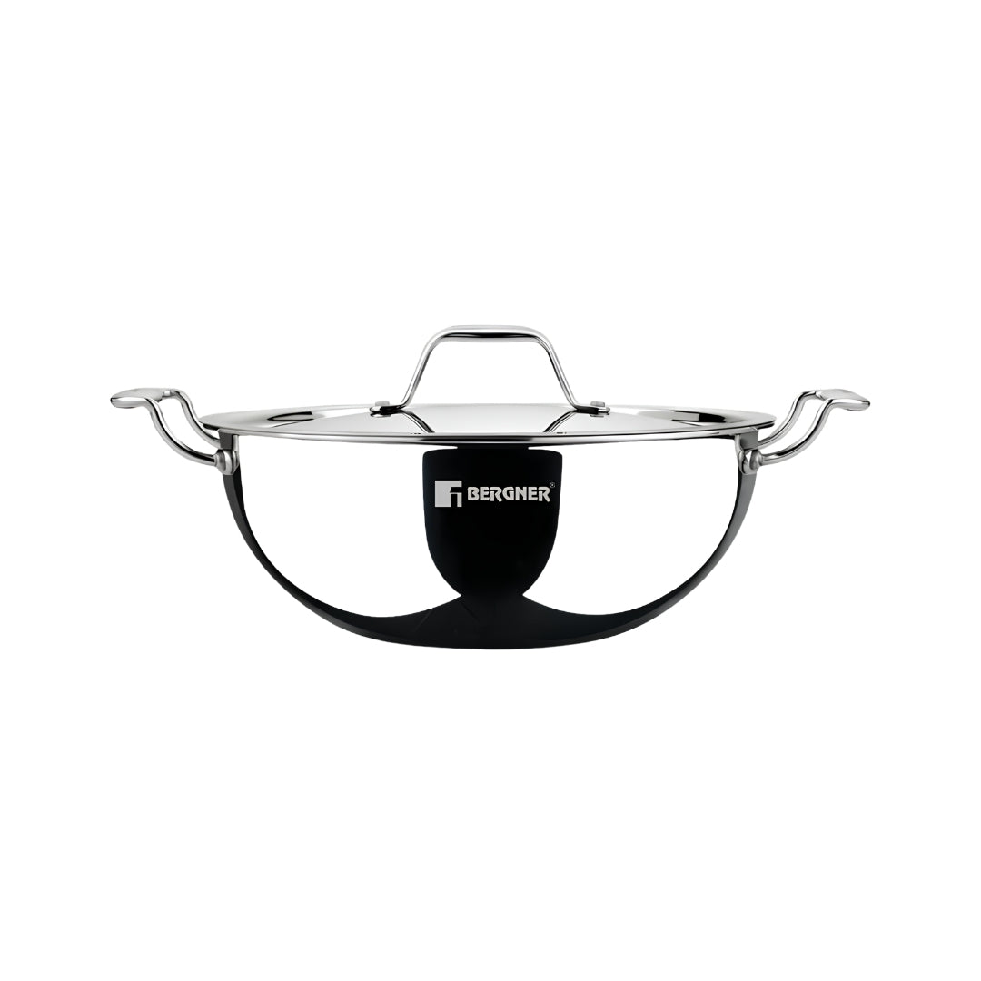 Bergner Argent Triply Stainless Steel Deep Kadai with Lid 22 cm _ 2.8 L_Front View