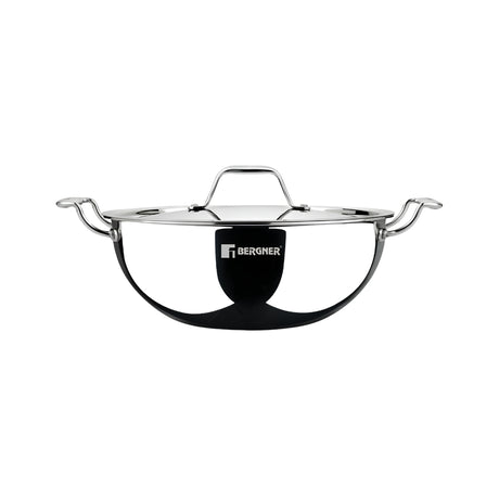 Bergner Argent Triply Stainless Steel Deep Kadai with Lid 22 cm _ 2.8 L_Front View