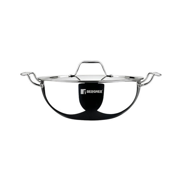 Bergner Argent Triply Stainless Steel Deep Kadai with Lid 22 cm _ 2.8 L_Front View