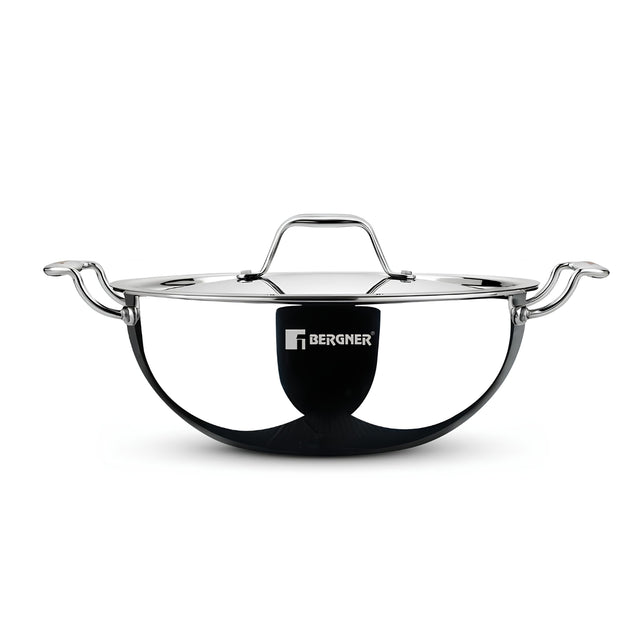 Bergner Argent Triply Stainless Steel Deep Kadai with Lid 24 cm \ 3.8 L_1