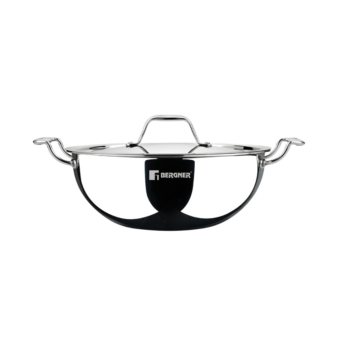 Bergner Argent Triply Stainless Steel Deep Kadai with Lid 24 cm \ 3.8 L_Front View