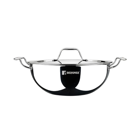 Bergner Argent Triply Stainless Steel Deep Kadai with Lid 24 cm \ 3.8 L_Front View