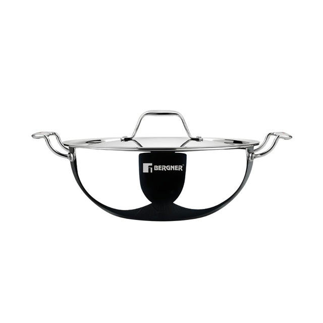 Bergner Argent Triply Stainless Steel Deep Kadai with Lid 24 cm \ 3.8 L_Front View
