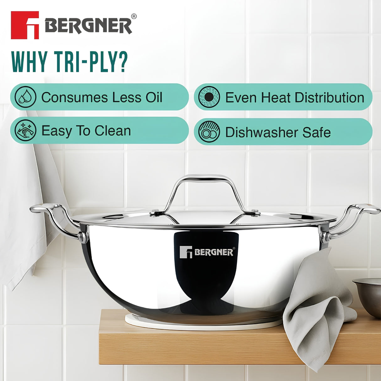 Bergner Argent Triply Stainless Steel Deep Kadai with Lid 26 cm \ 4.5 L_5