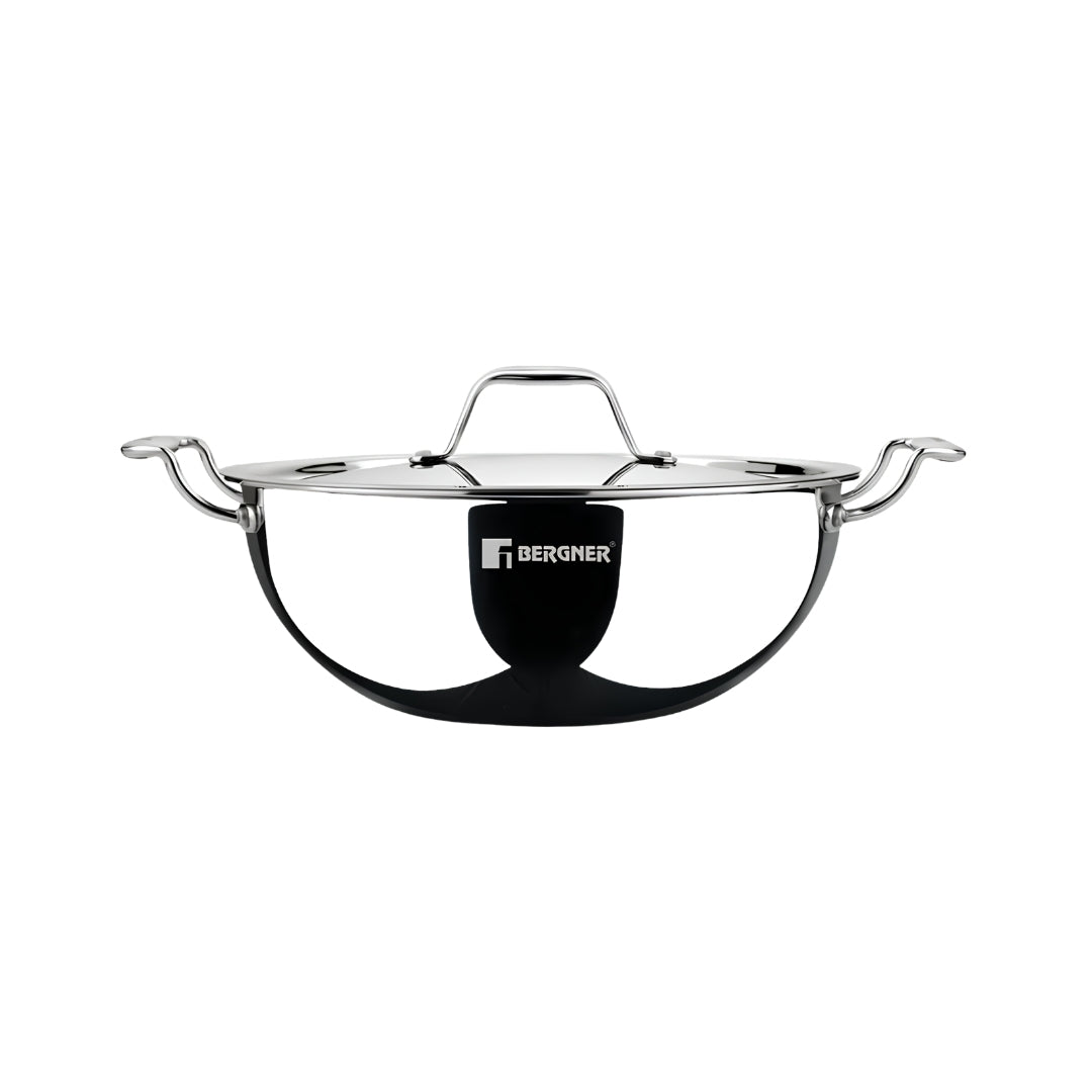 Bergner Argent Triply Stainless Steel Deep Kadai with Lid 26 cm _ 4.5 L_Front View
