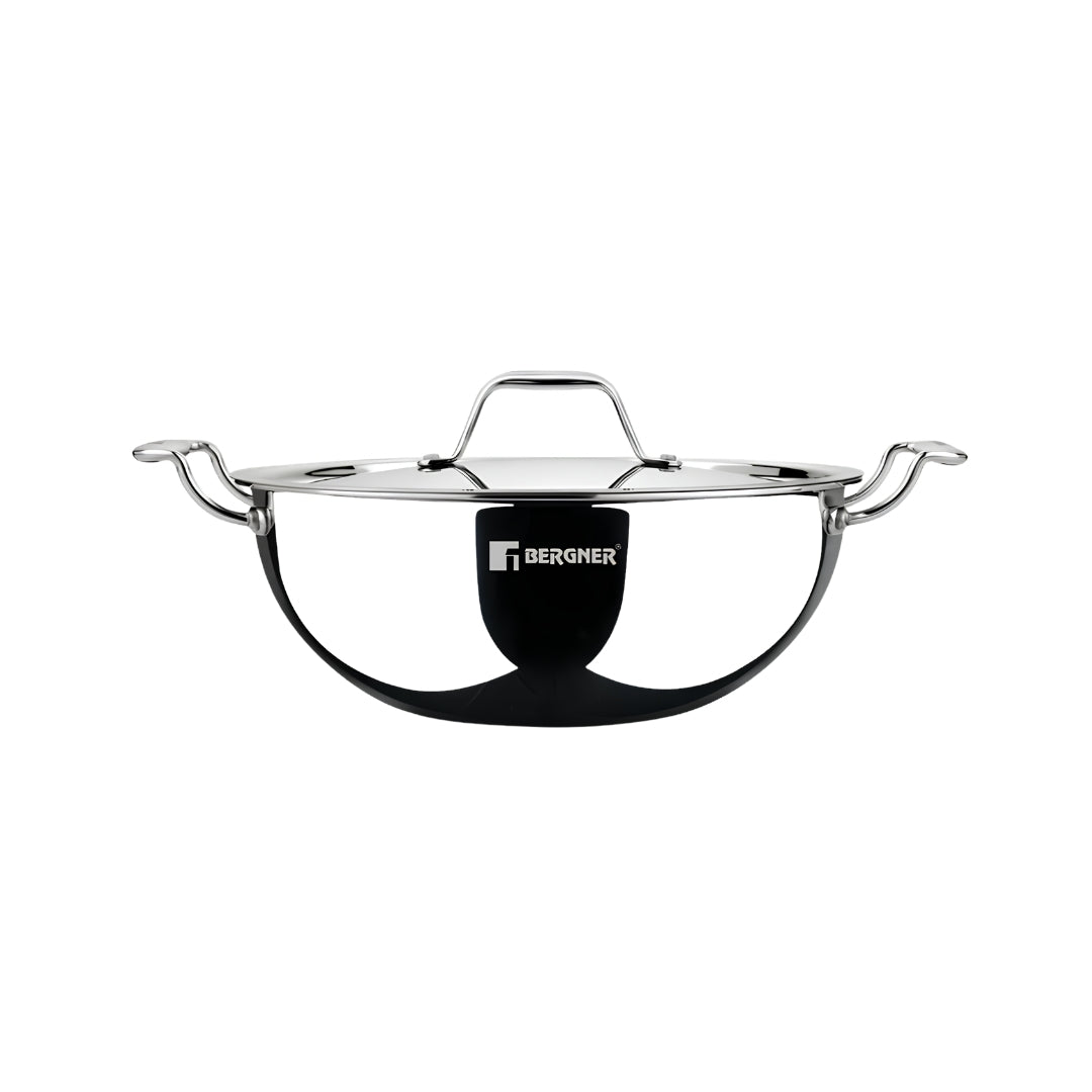 Bergner Argent Triply Stainless Steel Deep Kadai with Lid 28 cm _ 5.7 L_Front View