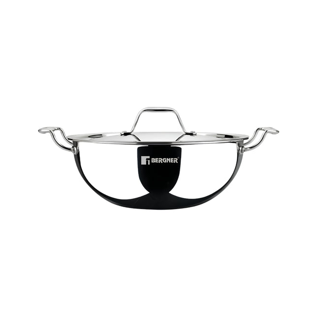 Bergner Argent Triply Stainless Steel Deep Kadai with Lid 28 cm _ 5.7 L_Front View