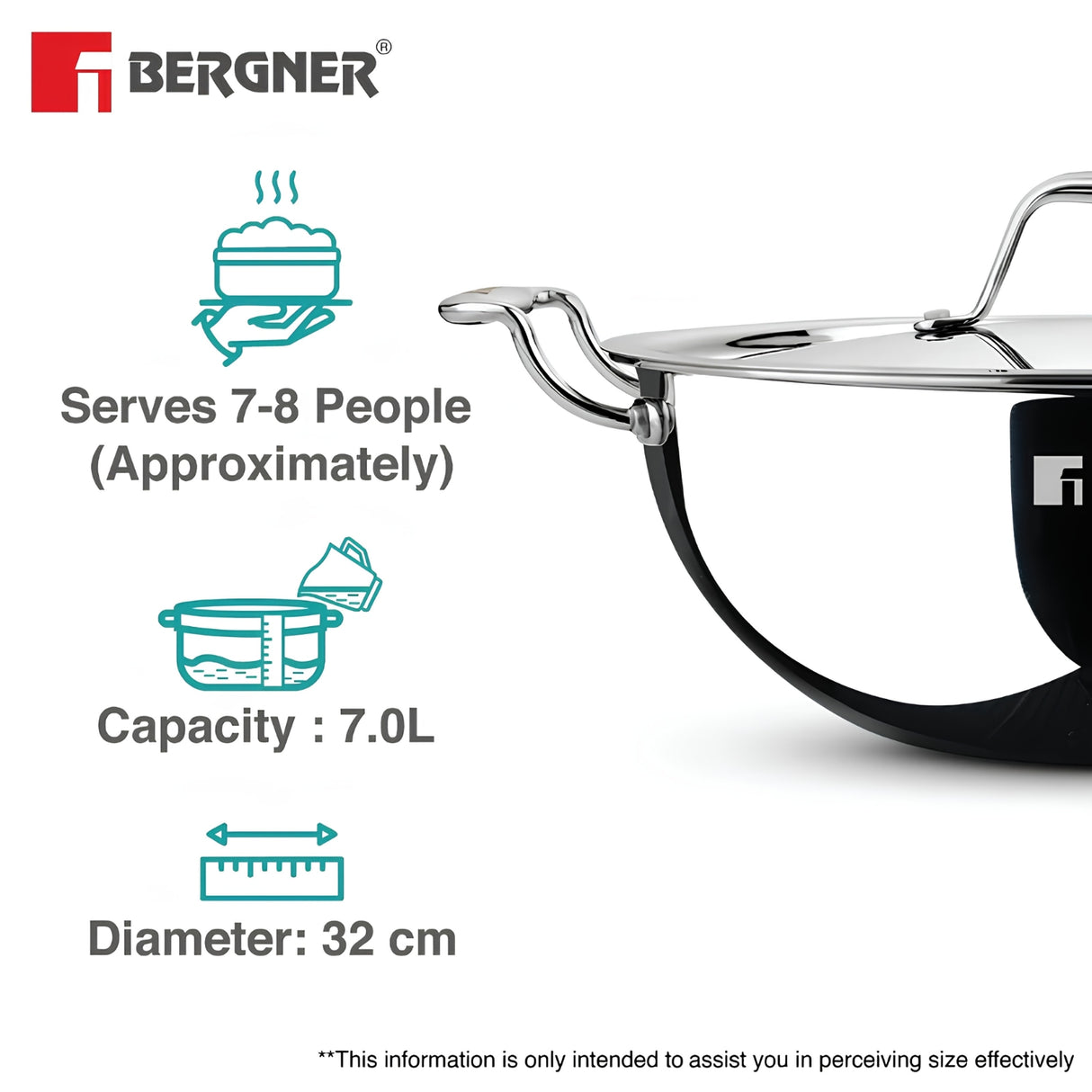 Bergner Argent Triply Stainless Steel Deep Kadai with Lid 32 cm \ 7 L_3