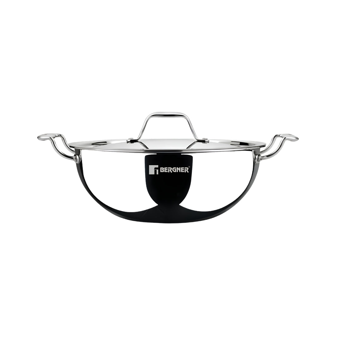 Bergner Argent Triply Stainless Steel Deep Kadai with Lid 32 cm _ 7 L_Front View