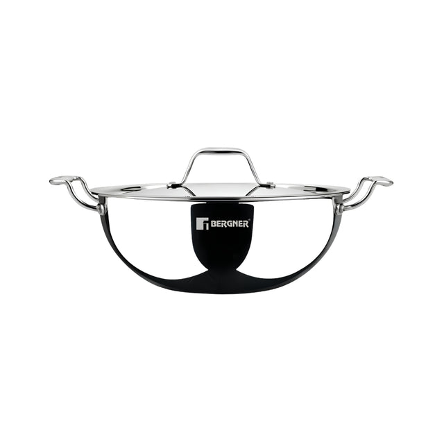 Bergner Argent Triply Stainless Steel Deep Kadai with Lid 32 cm _ 7 L_Front View