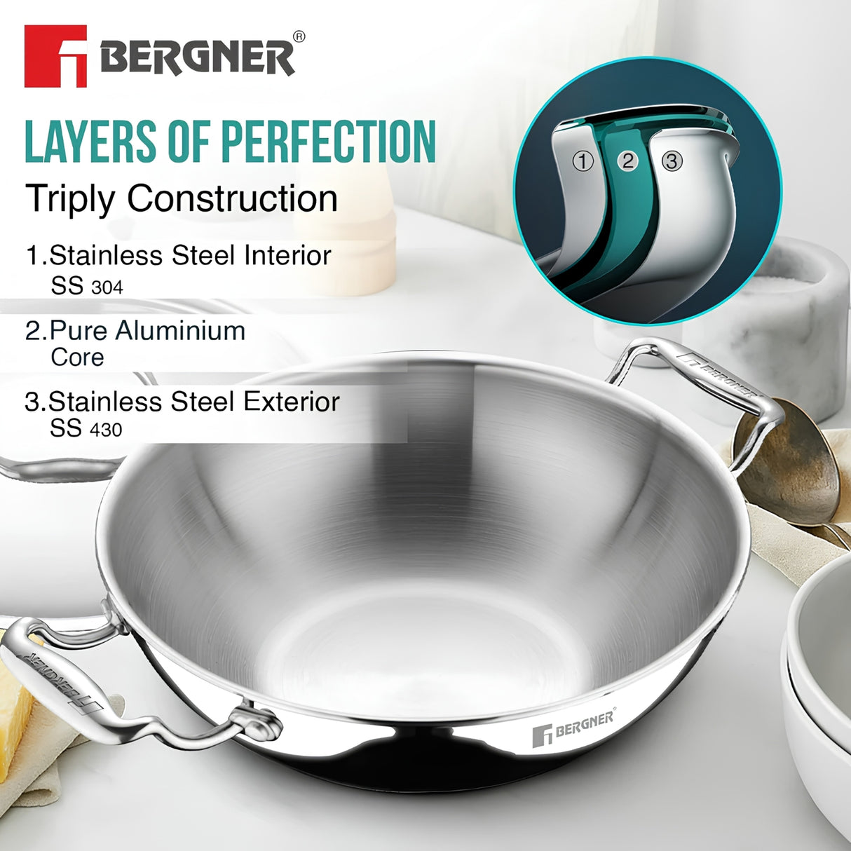 Bergner Argent Triply Stainless Steel Deep Kadai with Lid 34 cm \ 9.1 L_4