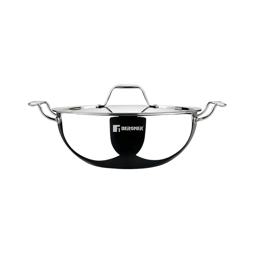 Bergner Argent Triply Stainless Steel Deep Kadai with Lid 34 cm _ 9.1 L_Front View