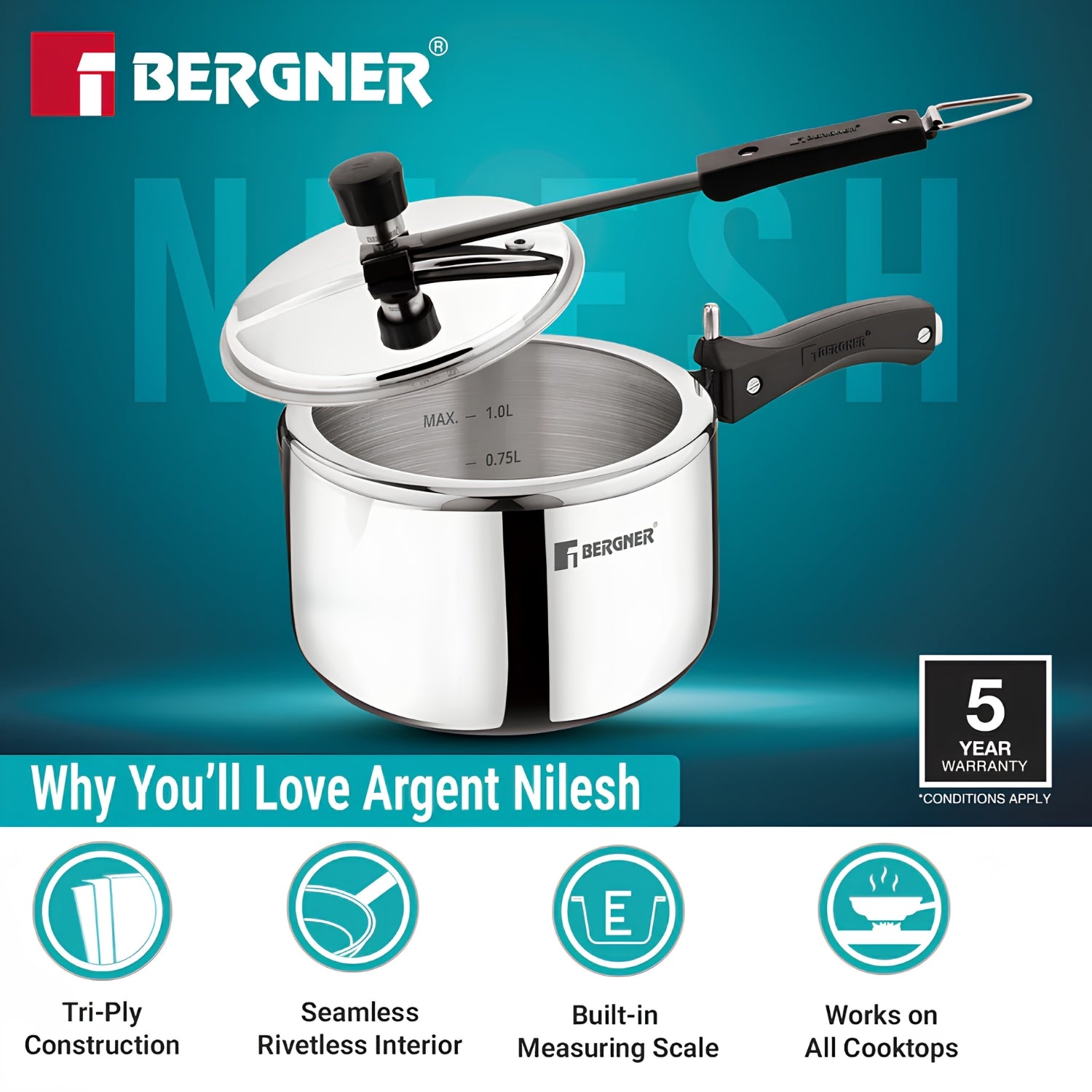 Bergner Argent Triply Stainless Steel Inner Lid Pressure Cooker 1.5 L_7