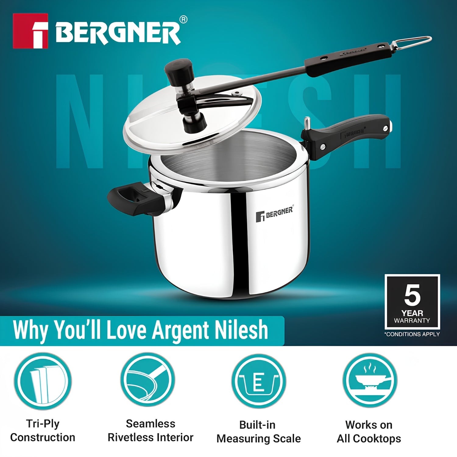 Bergner Argent Triply Stainless Steel Inner Lid Pressure Cooker 5 L_4
