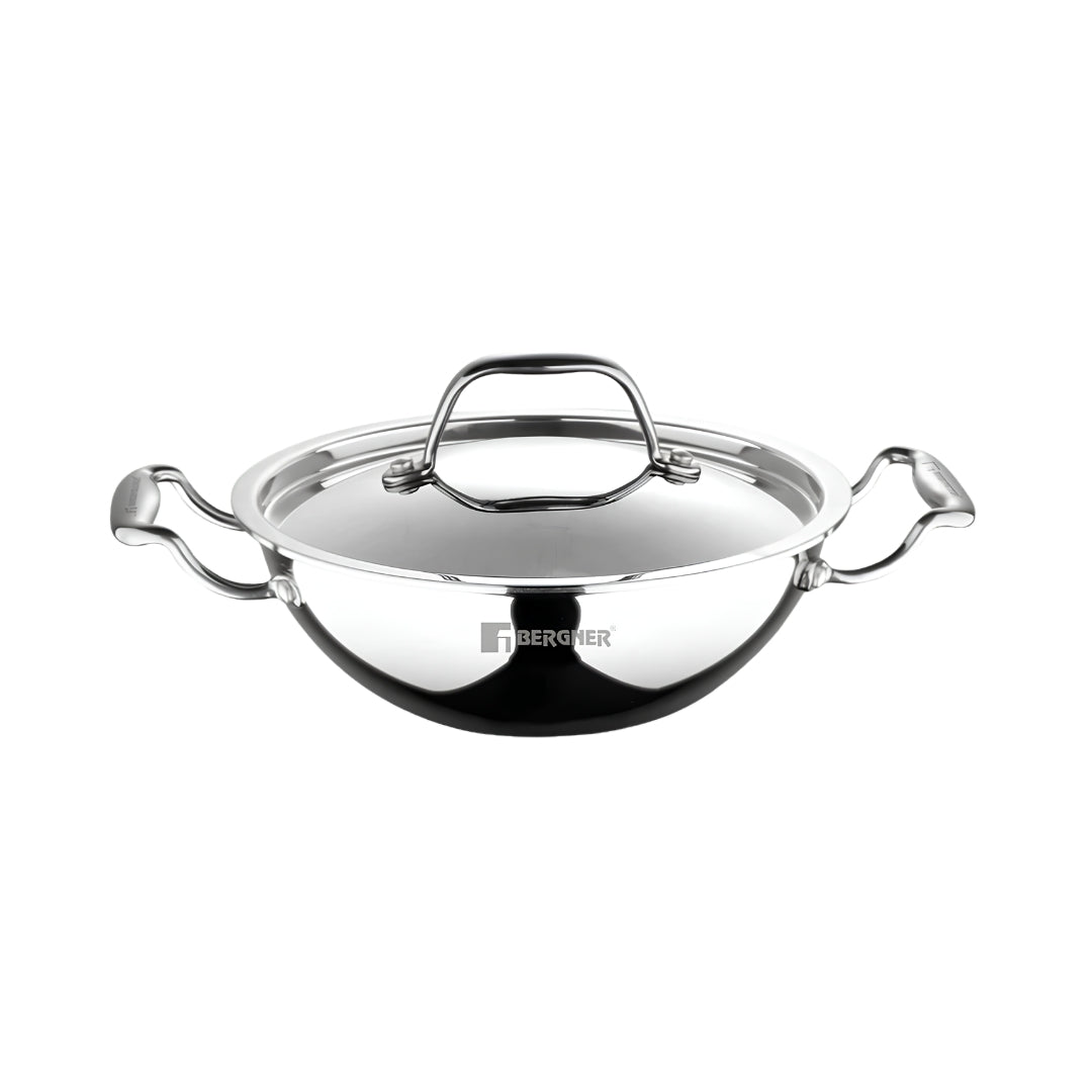 Bergner Argent Triply Stainless Steel Kadai with Lid 20 cm _ 1.7 L_Front View