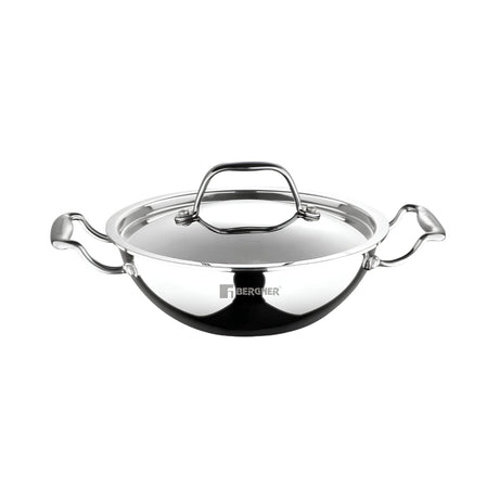 Bergner Argent Triply Stainless Steel Kadai with Lid 20 cm _ 1.7 L_Front View
