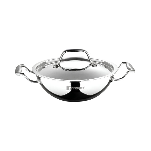 Bergner Argent Triply Stainless Steel Kadai with Lid 20 cm _ 1.7 L_Front View