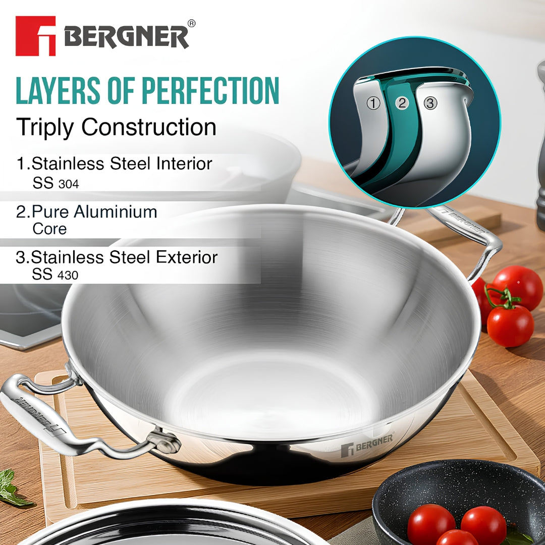 Bergner Argent Triply Stainless Steel Kadai with Lid 28 cm _ 4.3 L_5