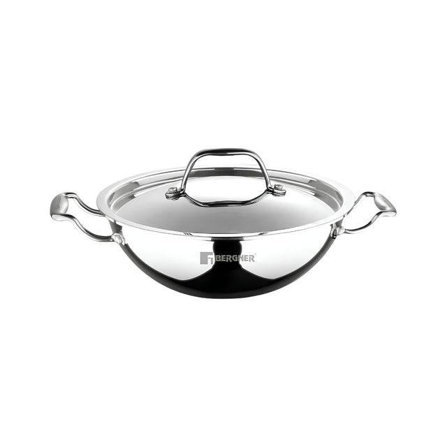 Bergner Argent Triply Stainless Steel Kadai with Lid 28 cm _ 4.3 L_Front View